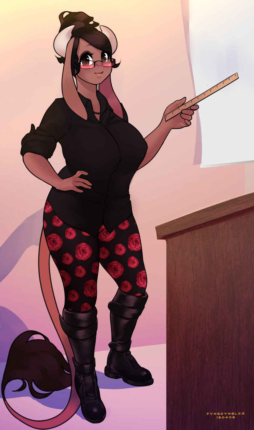 2015 absurd_res anthro big_breasts boots bovine breasts brown_eyes brown_skin cattle clothed clothing eyewear fangdangler female floppy_ears footwear fur glasses gloria_cow hair hi_res horn long_ears long_tail looking_at_viewer mammal mature_female mother parent ruler short_hair smile solo tail_tuft teacher thick_thighs tuft