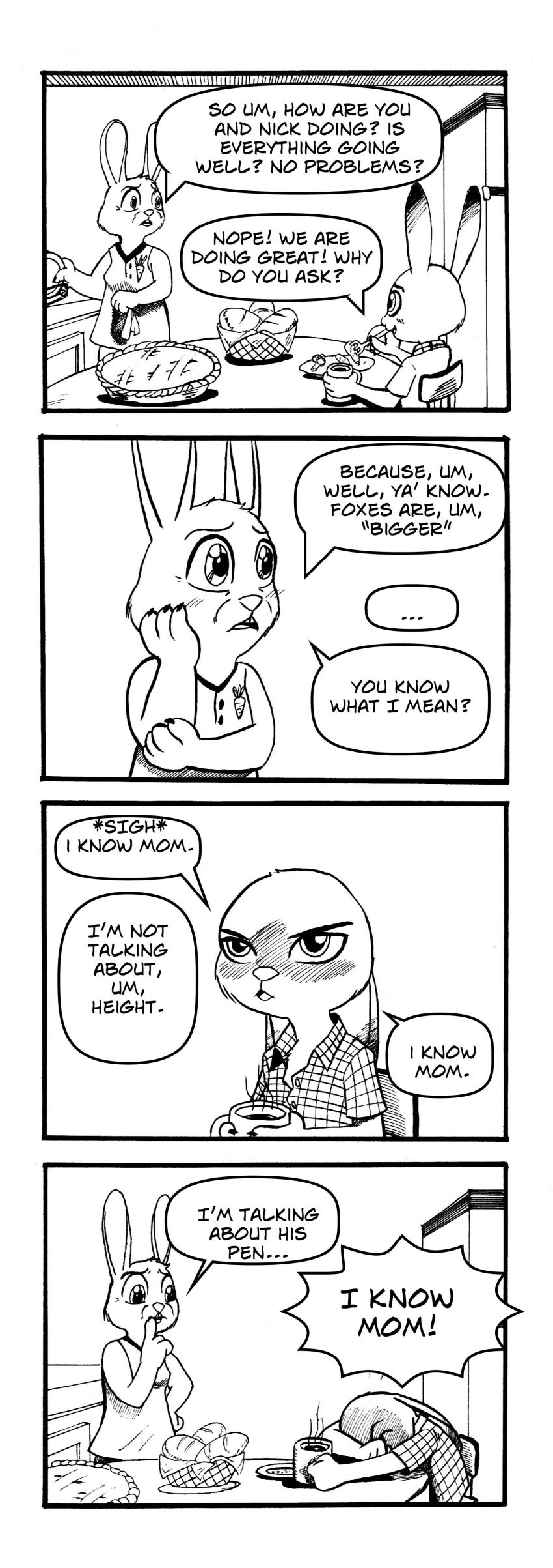 anthro beverage blush bonnie_hopps border bread clothed clothing coffee comic daughter dialogue disney dress ears_down eating embarrassed english_text female food hand_on_cheek humor judy_hopps lagomorph leon-z mammal monochrome mother mother_and_daughter parent pie rabbit simple_background sitting suggestive table text white_background white_border yelling zootopia