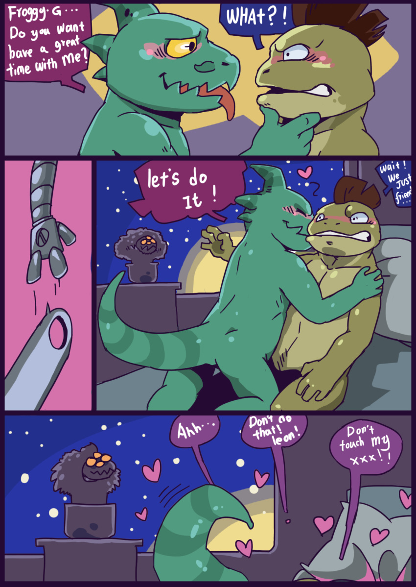 ! &lt;3 ... 2014 ? ?! alien anthro awesomenauts bed blush clenched_teeth comic dialogue digital_drawing_(artwork) digital_media_(artwork) duo english_text eyes_closed froggy.g green_scales hi_res leon_(awesomenauts) love male male/male night nude pillow plant reptile scales scalie sex sky slugsdog smile star starry_sky teeth text tongue tongue_out video_games wide_eyed