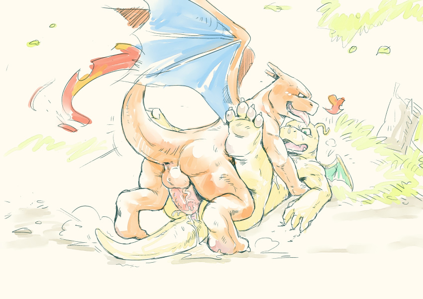 4_fingers 4_toes absurd_res anal anal_penetration anthro backsack balls barefoot butt charizard cum cum_in_ass cum_inside cum_on_butt cum_on_penis cum_on_tail digital_drawing_(artwork) digital_media_(artwork) dirt dragon dragonite duo erection feet fire forced grass hi_res hindpaw leaf lying male male/male male_penetrating membranous_wings missionary_position nintendo nude on_back orange_skin paws penetration penis plant pok&eacute;mon pok&eacute;mon_(species) rape rock scalie sex shrub simple_background slugsdog toes tongue tongue_out tree video_games white_background wings
