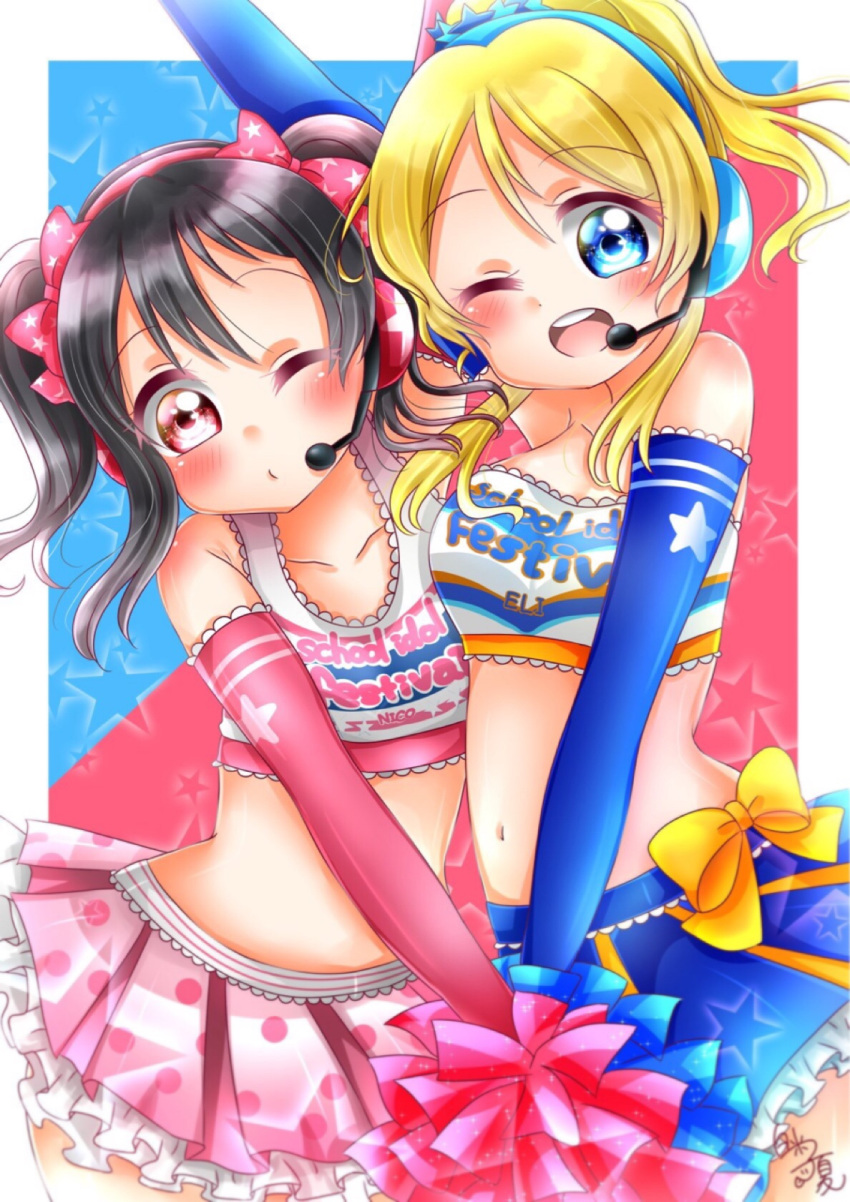 ;d arm_up artist_name ayase_eli bangs black_hair blonde_hair blue_gloves blue_skirt blush bow cheerleader clothes_writing commentary_request copyright_name crop_top elbow_gloves gloves hair_bow hair_ornament hakumai_konatsu headset highres looking_at_viewer love_live! love_live!_school_idol_festival love_live!_school_idol_project midriff miniskirt multiple_girls navel one_eye_closed open_mouth pink_bow pink_gloves pink_skirt polka_dot_skirt pom_poms ponytail sidelocks signature skirt smile star star_hair_ornament star_print twintails yazawa_nico yellow_bow
