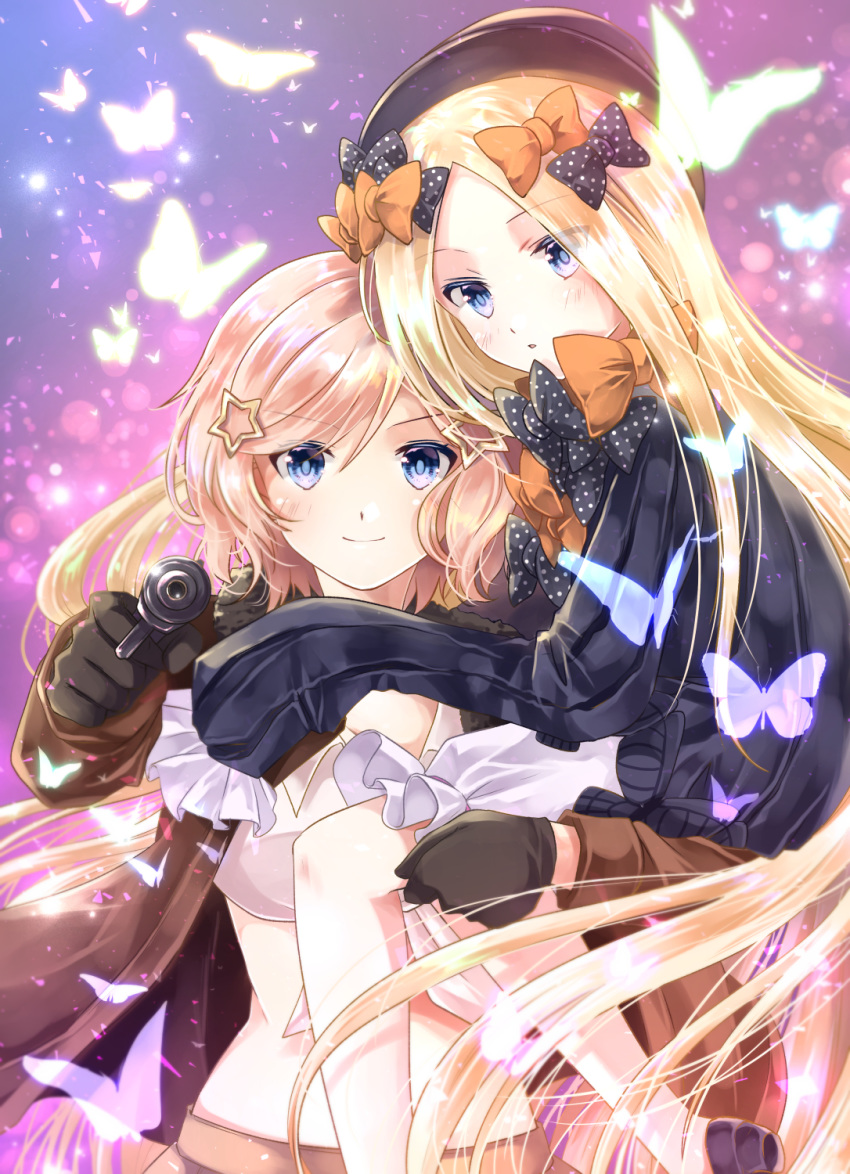 abigail_williams_(fate/grand_order) america_(hetalia) axis_powers_hetalia bangs black_bow black_dress black_gloves black_hat blonde_hair bloomers blue_eyes blush bow brown_jacket brown_skirt bug butterfly commentary_request crop_top crossover dress fate/grand_order fate_(series) genderswap genderswap_(mtf) gloves gun hair_bow hair_ornament hat highres holding holding_gun holding_weapon insect iroha_(shiki) jacket light_brown_hair long_hair long_sleeves looking_at_viewer midriff multiple_girls open_clothes open_jacket orange_bow parted_bangs parted_lips polka_dot polka_dot_bow skirt sleeves_past_fingers sleeves_past_wrists star star_hair_ornament underwear very_long_hair weapon white_bloomers