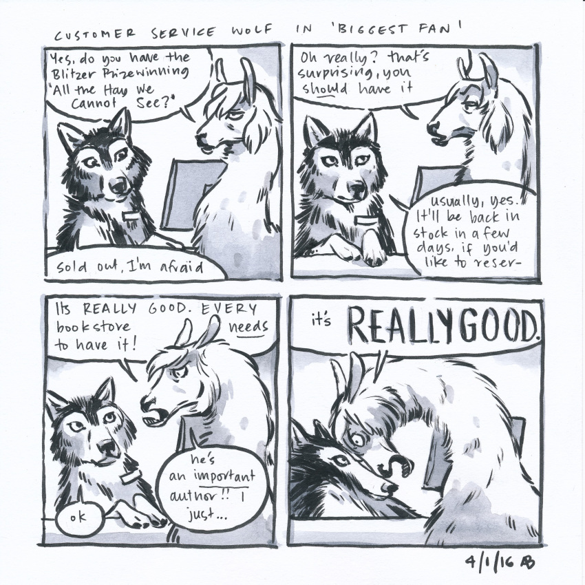 ! 2016 4koma ? black_nose camelid canine comic customer_service_wolf dialogue llama mammal snout speech_bubble text unknown_artist wolf