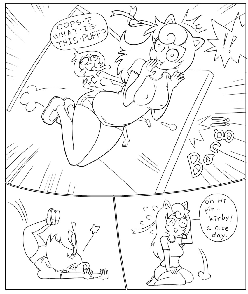 ! 2018 alien alternate_species anthro bandanna bloomers breasts caught clothing comic crossover dialogue digital_media_(artwork) english_text eyes_closed female gooey_(kirby) hair half-closed_eyes hi_res hoodie human humanized jigglypuff kirby kirby_(series) kneeling long_hair long_tail male mammal minus8 monochrome navel nintendo pok&eacute;mon pok&eacute;mon_(species) shirt short_hair super_smash_bros surprise t-shirt text video_games