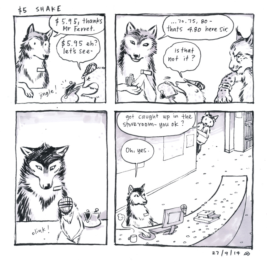 2014 4koma ? black_nose canine comic customer_service_wolf dialogue english_text mammal marsupial opossum snout speech_bubble text unknown_artist wolf