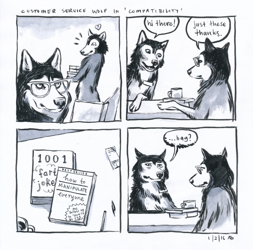 ! &lt;3 2016 4koma ? black_nose book canine comic customer_service_wolf dialogue mammal snout speech_bubble text unknown_artist wolf