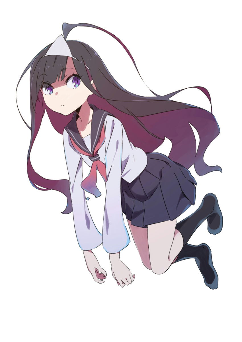 ahoge black_legwear black_sailor_collar blue_skirt brown_hair closed_mouth eyebrows_visible_through_hair eyes_visible_through_hair floating full_body ghost highres long_hair looking_at_viewer neckerchief no_shoes original pleated_skirt purple_eyes red_neckwear sailor_collar school_uniform serafuku skirt socks tama_(tama-s) triangular_headpiece yurako-san_(tama)