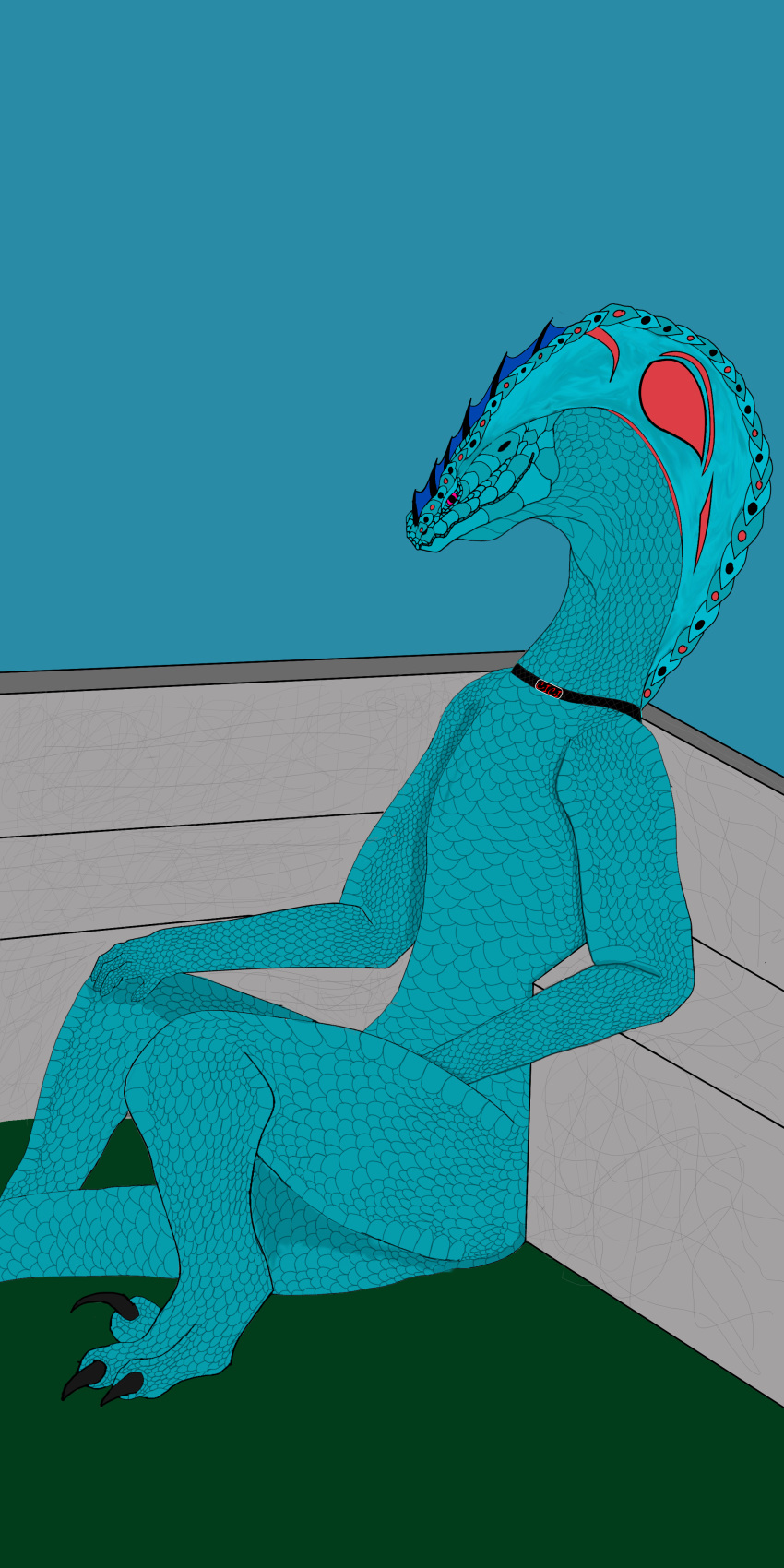 anthro christiceman ciril_kastion cobra collar hi_res looking_at_viewer male nude reptile scalie sitting slivian snake snake_hood solo