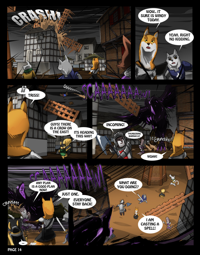! 2016 ? amber_eyes armello armor badger baldric bane_(species) belt bow breastplate building canine cape clothed clothing comic dialogue digital_media_(artwork) door english_text fan_character female feral fox halberd harpoon helmet horace_(armello) house male mammal mask melee_weapon mustelid open_mouth otter polearm purpleground02 ranged_weapon rodent scarlet_(armello) spear squirrel sword sylas_(armello) teeth text thane_(armello) twiss_(armello) video_games weapon windmill window wolf yellow_eyes