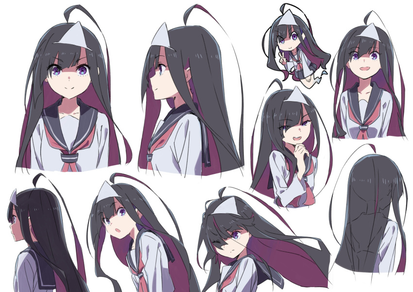 :d :o ahoge black_hair black_sailor_collar chibi closed_mouth expressions eyebrows_visible_through_hair eyes_visible_through_hair from_side ghost ghost_tail hand_up highres long_hair long_sleeves looking_at_viewer multiple_views neckerchief one_eye_closed open_mouth original purple_eyes red_neckwear sailor_collar school_uniform serafuku smile smirk tama_(tama-s) triangular_headpiece v-shaped_eyebrows yurako-san_(tama)