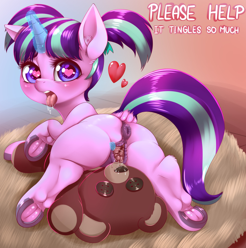 &lt;3 &lt;3_eyes 2018 absurd_res anatomically_correct anatomically_correct_pussy anus blush butt clitoris cub dankflank digital_media_(artwork) drooling english_text equine female feral friendship_is_magic hair hi_res hooves horn looking_at_viewer mammal multicolored_hair my_little_pony pussy saliva solo starlight_glimmer_(mlp) teddy_bear text tongue tongue_out two_tone_hair underhoof unicorn young