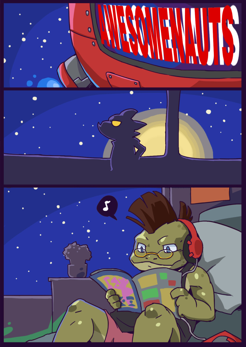 2014 alien anthro awesomenauts bed blue_eyes brown_hair clothed clothing comic digital_drawing_(artwork) digital_media_(artwork) duo english_text eyewear froggy.g glasses green_scales hair headphones hi_res leon_(awesomenauts) magazine male night on_bed pillow plant reading reptile scales scalie shirt shorts silhouette sitting sky slugsdog solo_focus space spacecraft star starry_sky tank_top text vehicle video_games yellow_eyes
