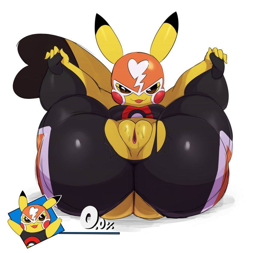 2018 big_butt butt cleft_tail cosplay_pikachu female looking_at_viewer nintendo open_mouth pikachu pikachu_libre pok&eacute;mon pok&eacute;mon_(species) presenting presenting_pussy pussy short_stack simple_background slightly_chubby solo spread_legs spreading sssonic2 super_smash_bros tongue tongue_out video_games white_background