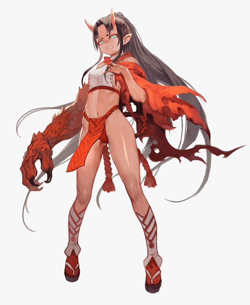 bangs blue_eyes brown_hair claws clenched_teeth commentary_request eyeshadow fangs full_body grey_background hand_up highres horns lack legs_apart looking_at_viewer makeup midriff navel oni oni_horns original oversized_forearms oversized_limbs parted_bangs pelvic_curtain platform_footwear pointy_ears ponytail red_legwear sandals short_eyebrows simple_background slit_pupils solo tabi teeth torn_clothes
