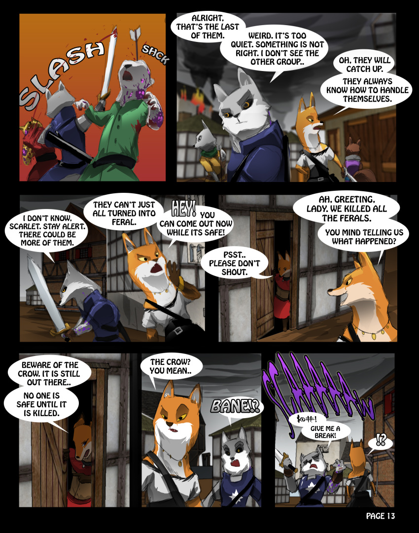 ! 2016 ? armello armor arrow baldric belt blood bow_(weapon) building canine clothed clothing comic death dialogue digital_media_(artwork) door doorway english_text fan_character female feral fire fox grawlixes house infection jewelry male mammal melee_weapon necklace purpleground02 ranged_weapon scarlet_(armello) smoke sword text thane_(armello) video_games weapon wolf