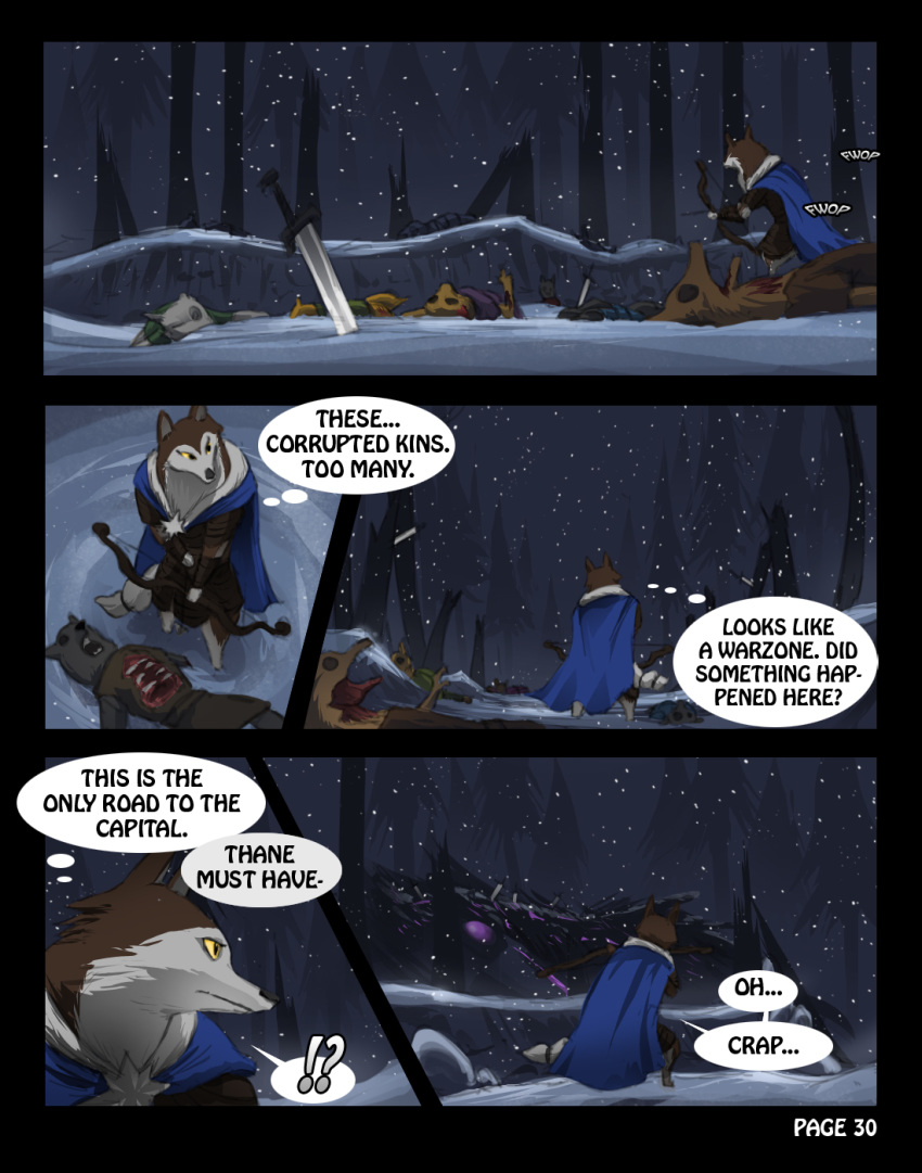! 2016 ? armello arrow bane_(species) blood bone bow_(weapon) canine cape clothed clothing comic corpse death dialogue digital_media_(artwork) english_text feral forest fur gore mammal melee_weapon open_mouth purpleground02 ranged_weapon river_(armello) shirt snow sword teeth text tree video_games weapon wolf yellow_eyes