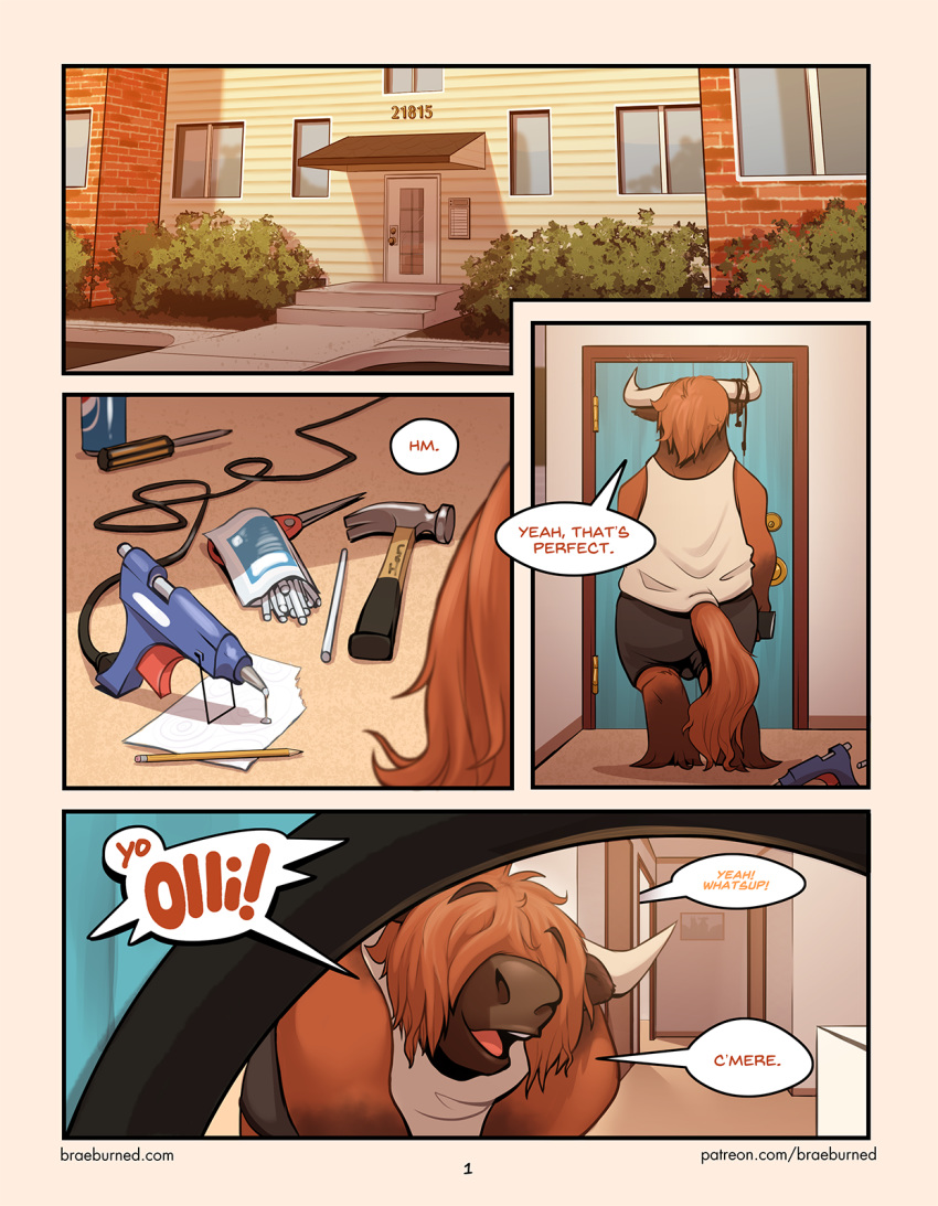 609 2018 anthro apartment bovine braeburned cattle clothed clothing comic dialogue digital_media_(artwork) door duo english_text friends highland_cattle ian_(braeburned) mammal olli_(braeburned) open_mouth outside smile text