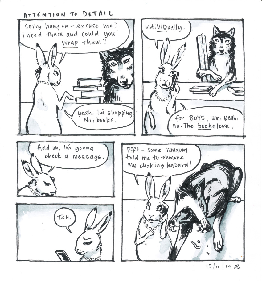 ! 2014 4koma ? black_nose canine comic customer_service_wolf dialogue eyebrows eyelashes imminent_vore jewelry lagomorph mammal necklace rabbit snout speech_bubble text unknown_artist vore wolf