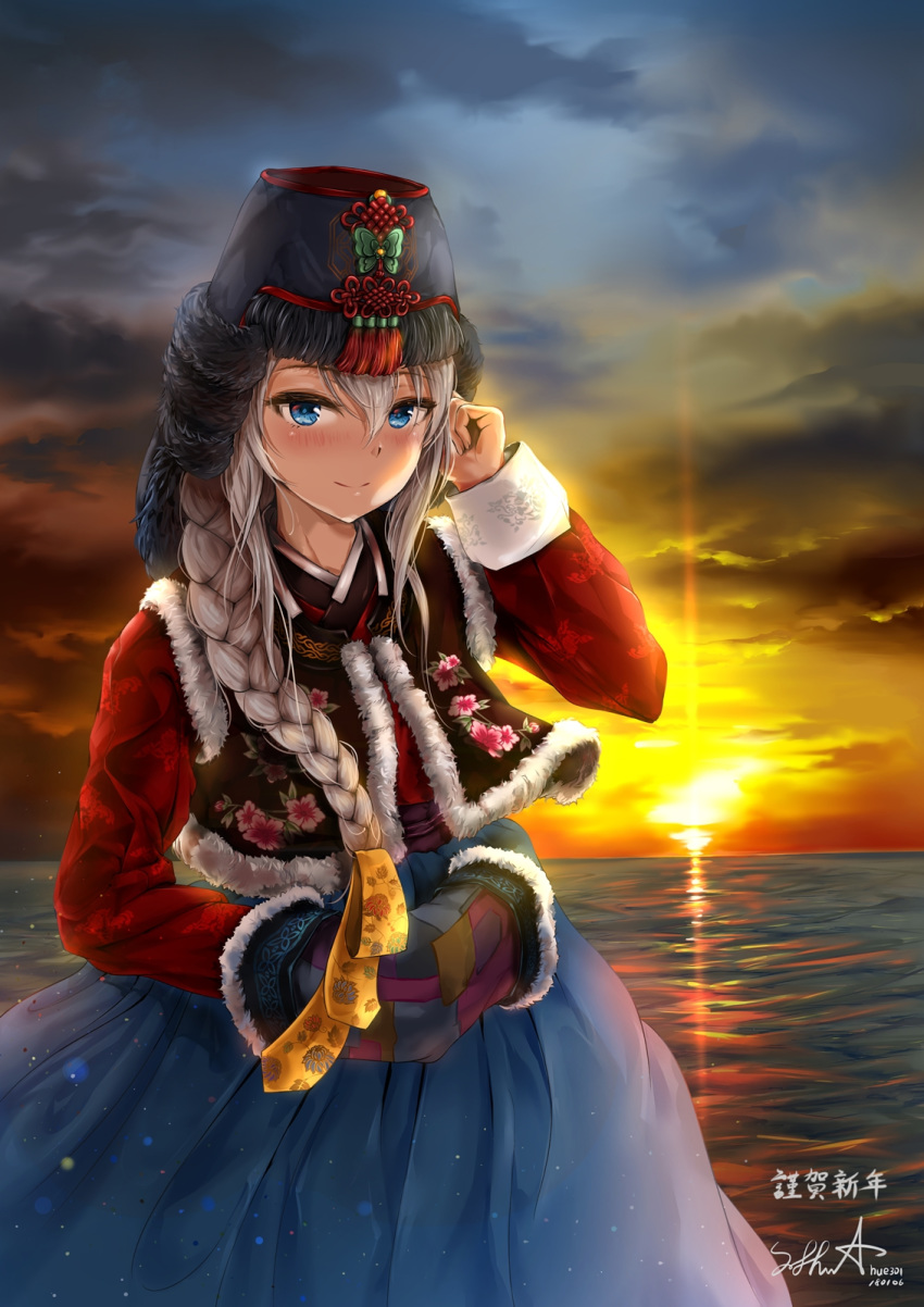 9a-91_(girls_frontline) artist_name ayam_(clothing) bangs blue_eyes blurry blush bokeh braid breasts chima_(clothing) cloud cloudy_sky commentary_request dated depth_of_field dusk eyebrows_visible_through_hair fur-trimmed_jacket fur_trim girls_frontline hair_between_eyes hair_ornament hair_over_shoulder hanbok hand_on_own_face hat highres hue301 jacket jeogori_(clothing) jokki_(clothing) korean_clothes korean_commentary light_particles long_hair long_sleeves looking_at_viewer medium_breasts ocean revision signature silver_hair single_braid sky solo standing star star_hair_ornament sun sunlight sunset tareme traditional_clothes very_long_hair water