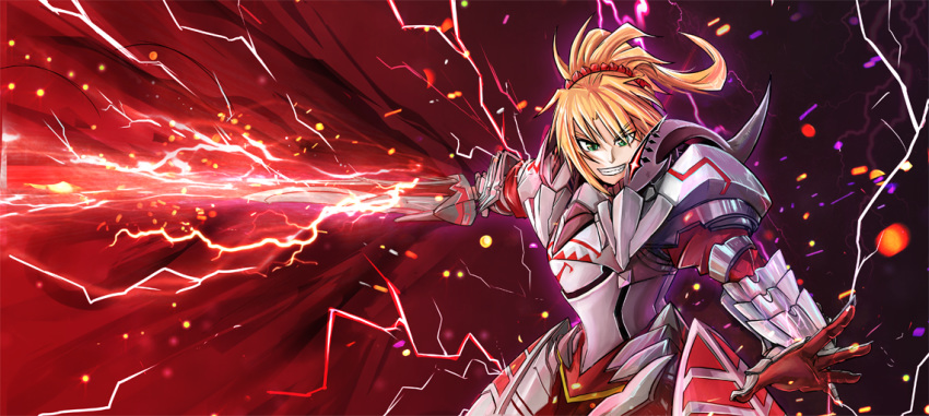 :d armor blonde_hair clarent fate/apocrypha fate_(series) green_eyes lightning mordred_(fate) mordred_(fate)_(all) open_mouth ponytail smile solo uodo v-shaped_eyebrows