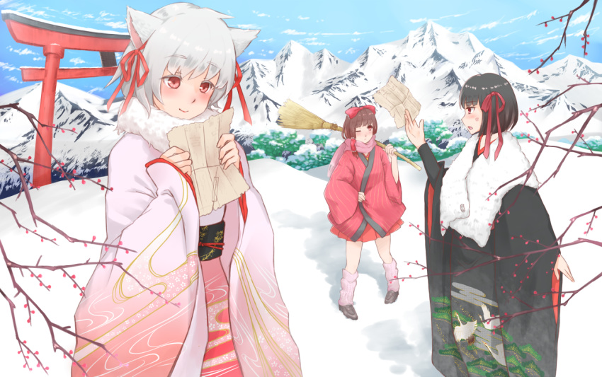 :o ;( alternate_costume anger_vein angry black_hair black_kimono blush broom brown_hair carrying_over_shoulder commentary_request day hair_ribbon hair_tubes hakurei_reimu holding holding_broom holding_letter inubashiri_momiji japanese_clothes kimono long_hair long_sleeves looking_at_another looking_away looking_back looking_down mountain multiple_girls new_year no_hat no_headwear outdoors pink_kimono pink_scarf red_eyes red_kimono red_skirt ribbon scarf shameimaru_aya short_hair short_kimono skirt skirt_under_kimono smile snow striped torii touhou vertical-striped_kimono vertical_stripes white_hair wide_sleeves winter yamabuki_(laysis_yama)