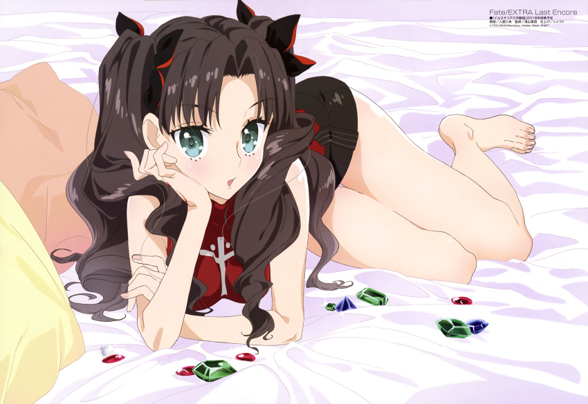 absurdres bare_legs barefoot bed_sheet black_bow black_hair black_skirt blush bow breasts command_spell cross_print fate/extra fate_(series) gem green_eyes hair_bow hand_on_own_cheek highres irisato_nio looking_at_viewer medium_breasts megami multicolored_bow nail_polish official_art on_bed parted_lips pillow pink_nails pink_pillow print_shirt red_bow red_shirt shirt skirt sleeveless sleeveless_shirt solo thigh_gap toosaka_rin twintails yellow_pillow