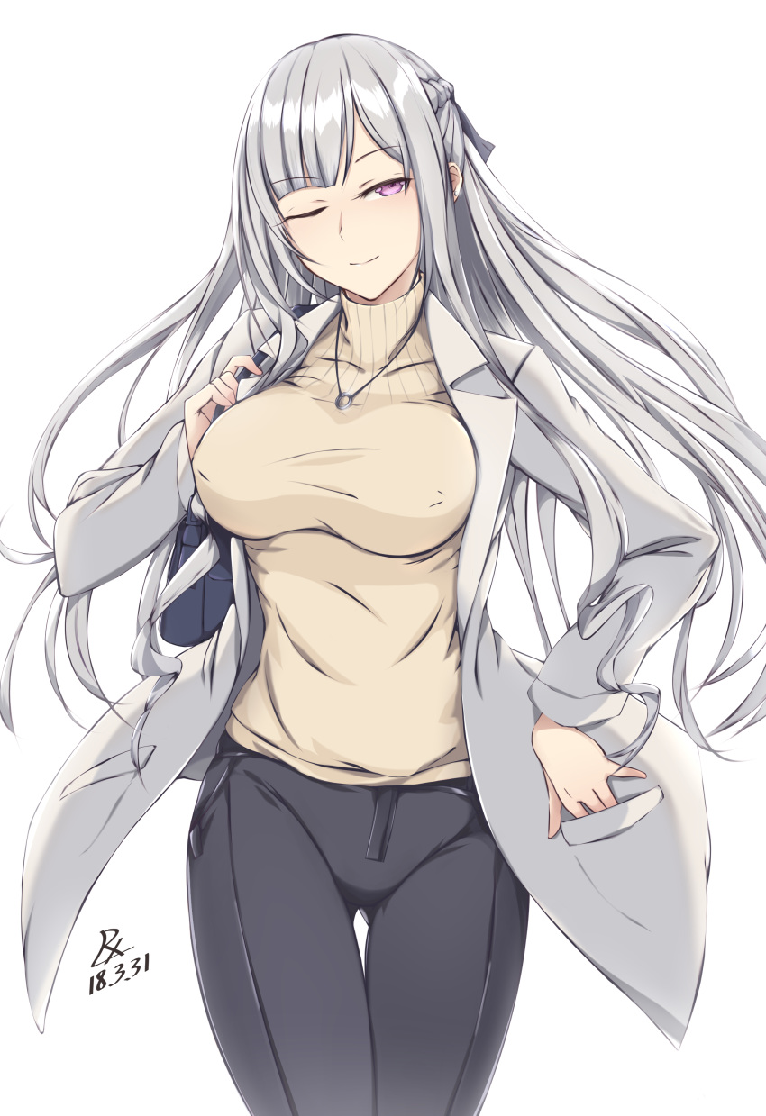 absurdres ak-12_(girls_frontline) alternate_costume bag bangs black_pants blunt_bangs braid breasts buttons casual chinese_commentary closed_mouth coat commentary_request dated earrings eyebrows_visible_through_hair french_braid girls_frontline grey_ribbon hair_ribbon half-closed_eye hand_in_pocket highres holding holding_bag jewelry large_breasts long_hair long_sleeves looking_at_viewer necklace one_eye_closed open_clothes open_coat pants pocket purple_eyes ribbed_sweater ribbon ring shoulder_bag sidelocks signature silver_hair simple_background smile solo sweater thigh_gap turtleneck turtleneck_sweater very_long_hair white_background white_coat zhishi_ge_fangzhang