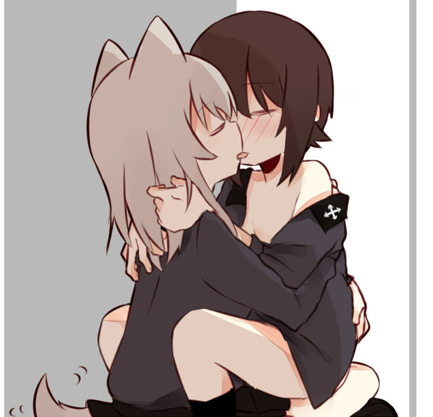 animal_ears arm_around_back arms_around_neck bangs black_legwear black_skirt blush border brown_eyes closed_eyes dog_ears dog_tail dress_shirt eyebrows_visible_through_hair facing_another french_kiss fud girls_und_panzer grey_background grey_border grey_shirt hug itsumi_erika kemonomimi_mode kiss kuromorimine_school_uniform long_hair long_sleeves motion_lines multiple_girls nishizumi_maho no_pants off_shoulder school_uniform shirt shirt_pull short_hair silver_hair sitting sitting_on_lap sitting_on_person skirt socks straddling tail tongue tongue_out two-tone_background yuri