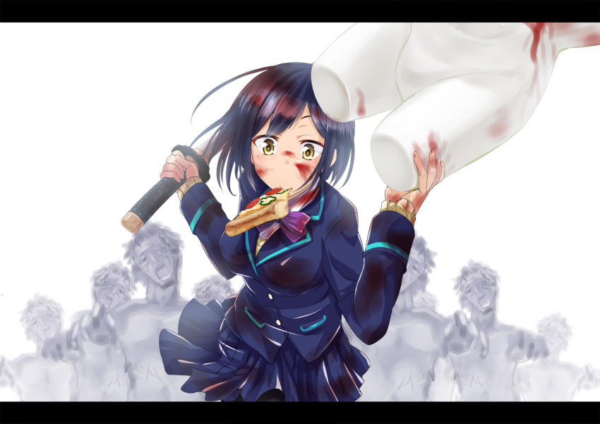 6+boys bangs black_hair black_legwear blazer blood blood_on_face blue_jacket blue_skirt breasts closed_mouth collared_shirt commentary_request eyebrows_visible_through_hair fingernails food food_in_mouth head_tilt holding holding_sword holding_weapon iga_tamaki jacket katana letterboxed long_sleeves looking_at_viewer medium_breasts mouth_hold multiple_boys nijisanji outstretched_arms pizza pleated_skirt running school_uniform shirt shizuka_rin short_hair skirt sleeves_past_wrists slice_of_pizza solo_focus sword weapon white_background white_shirt yellow_eyes zombie