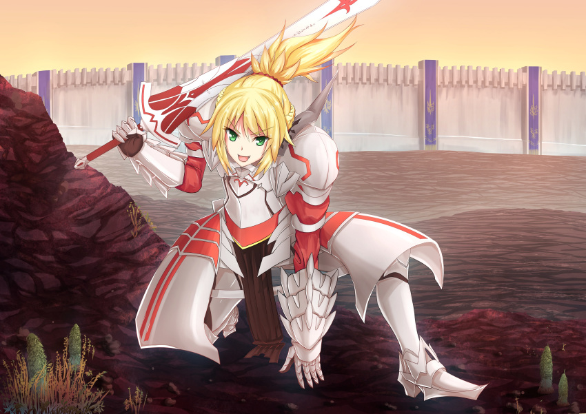 absurdres armor banner blonde_hair braid breastplate clarent fate/apocrypha fate/grand_order fate_(series) fighting_stance french_braid green_eyes highres inaroinaroi mordred_(fate) mordred_(fate)_(all) one_knee over_shoulder ponytail red_scrunchie scrunchie sword sword_over_shoulder wall weapon weapon_over_shoulder