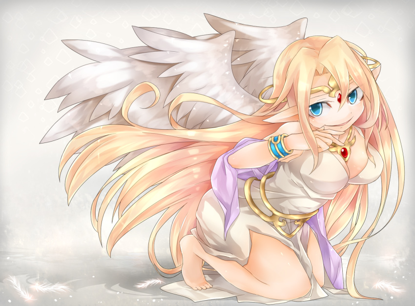 1girl angel barefoot blonde_hair blue_eyes bracelet cleavage feathered_wings goddess gradient_background ilias long_hair looking_at_viewer lots_of_jewelery mon-musu_quest! smile tiara wings