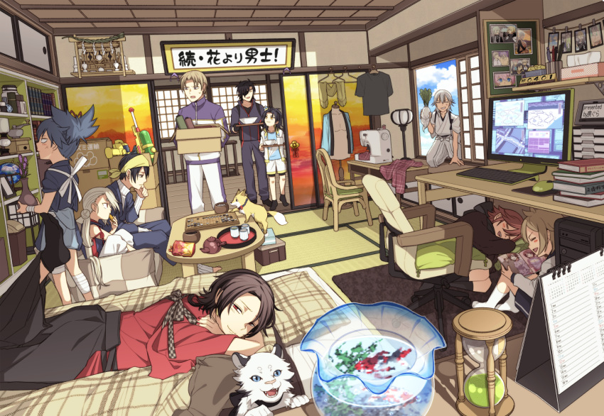 =_= bandana black_gloves black_hair blue_eyes blue_hair board_game book bookshelf box brown_hair cardboard_box chair closed_eyes clothes_hanger computer couch cup daikon desk eating eyepatch fangs fishbowl fox futon globe gloves go gokotai's_tigers hakama heshikiri_hasebe houchou_toushirou hourglass ima-no-tsurugi indoors itou_(mogura) japanese_clothes kashuu_kiyomitsu lying male_focus mikazuki_munechika mouse_(computer) multiple_boys nakigitsune's_fox office_chair on_stomach photo_(object) ponytail red_eyes red_hair sayo_samonji scarf sewing_machine shinano_toushirou shokudaikiri_mitsutada shorts side_handle_teapot sitting table taikogane_sadamune tatami teapot tiger touken_ranbu track_suit tray tsurumaru_kuninaga vase water_gun white_hair white_tiger yunomi