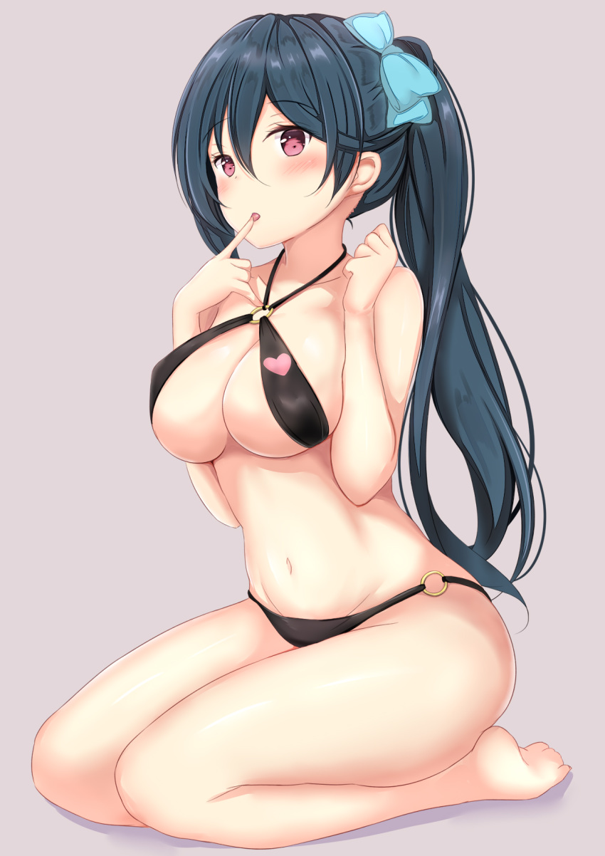 aqua_bow bangs bare_arms bare_legs bare_shoulders barefoot bikini black_bikini black_hair blush bow breasts cleavage collarbone eyebrows_visible_through_hair finger_licking full_body groin hair_between_eyes hair_bow halterneck hands_up heart highres index_finger_raised licking long_hair looking_at_viewer medium_breasts navel o-ring o-ring_bikini phantasy_star phantasy_star_online_2 pink_background ponytail red_eyes seiza shadow sidelocks simple_background sitting solo swimsuit thighs tongue tongue_out underboob washinomiya_koori yuano