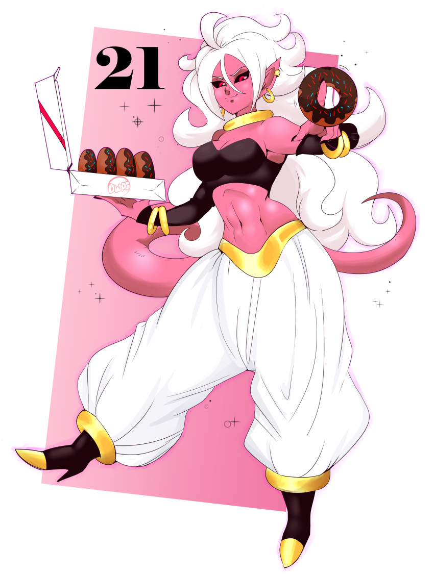 2018 absurd_res android_21 anklet arm_warmers armwear big_breasts black_nails black_sclera bracelet breasts clothing colored_nails dragon_ball dragon_ball_fighterz dwps ear_piercing female food footwear gold_(metal) gold_jewelry hair harem_pants hi_res high_heels holding_food holding_object jewelry long_hair looking_at_viewer majin_android_21 navel neck_ring not_furry piercing pink_background pink_skin pink_tail pointy_ears red_eyes shoes simple_background smile solo standing text white_background white_hair