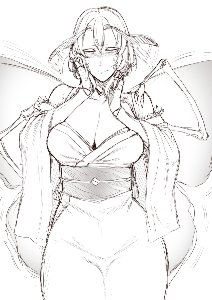 antennae antennae_wagging bare_shoulders blush breasts embarrassed greyscale hair_between_eyes hands_on_own_cheeks hands_on_own_face highres insect_girl insect_wings japanese_clothes large_breasts monochrome monster_girl nakamura_regura obi original sash short_hair sketch solo wavy_mouth wide_sleeves wings