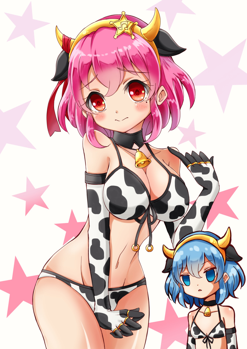 absurdres animal_ears animal_print bell bikini blue_eyes blue_hair breasts cleavage cow_bell cow_ears cow_print dorothy_west front-tie_top genderswap genderswap_(mtf) hair_ornament highres large_breasts leona_west multiple_girls navel newhalf pink_eyes pink_hair pretty_(series) pripara shiny shiny_skin short_hair siblings soraryu_saworu star star_hair_ornament swimsuit triangle_mouth twins