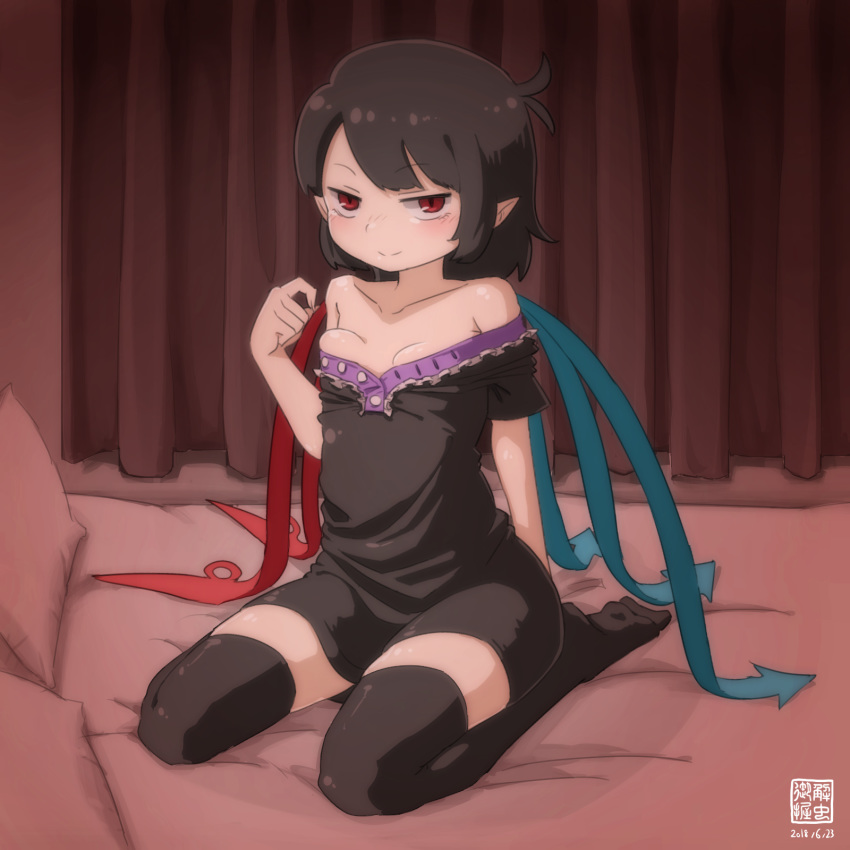 ahoge arm_behind_back asymmetrical_wings bangs bare_shoulders bed_sheet black_dress black_hair black_legwear blush breasts closed_mouth collarbone curtains dress eyebrows eyebrows_visible_through_hair full_body hand_up highres houjuu_nue indoors kani_onigiri_(shottare) looking_at_viewer no_shoes off_shoulder on_bed pillow pointy_ears red_eyes seiza short_dress short_hair short_sleeves sitting small_breasts smile solo thighhighs touhou wings