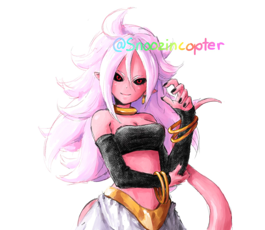 2018 alien android_21 arm_warmers armwear black_nails black_sclera bracelet breasts cleavage clothed clothing colored_nails dragon_ball dragon_ball_fighterz ear_piercing english_text female hair hi_res humanoid jewelry long_hair looking_at_viewer majin majin_android_21 necklace not_furry pants piercing pink_skin pink_tail pointy_ears red_eyes simple_background smile snoozincopter solo standing text white_background white_hair