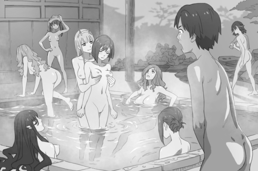 6+girls angry asejin ass barefoot bathing black_hair blush breast_grab breasts breasts_apart closed_eyes comic company_connection covering covering_crotch crossover darling_in_the_franxx forest grabbing greyscale groping hiro_(darling_in_the_franxx) ichigo_(darling_in_the_franxx) ikuno_(darling_in_the_franxx) kill_la_kill kiryuuin_satsuki kokoro_(darling_in_the_franxx) large_breasts looking_up matoi_ryuuko medium_breasts miku_(darling_in_the_franxx) mixed_bathing monochrome multiple_girls nana_(darling_in_the_franxx) nature nipples no_pussy nude onsen partially_submerged pointy_ears sitting small_breasts towel trigger_(company) water wide-eyed yuri zero_two_(darling_in_the_franxx)