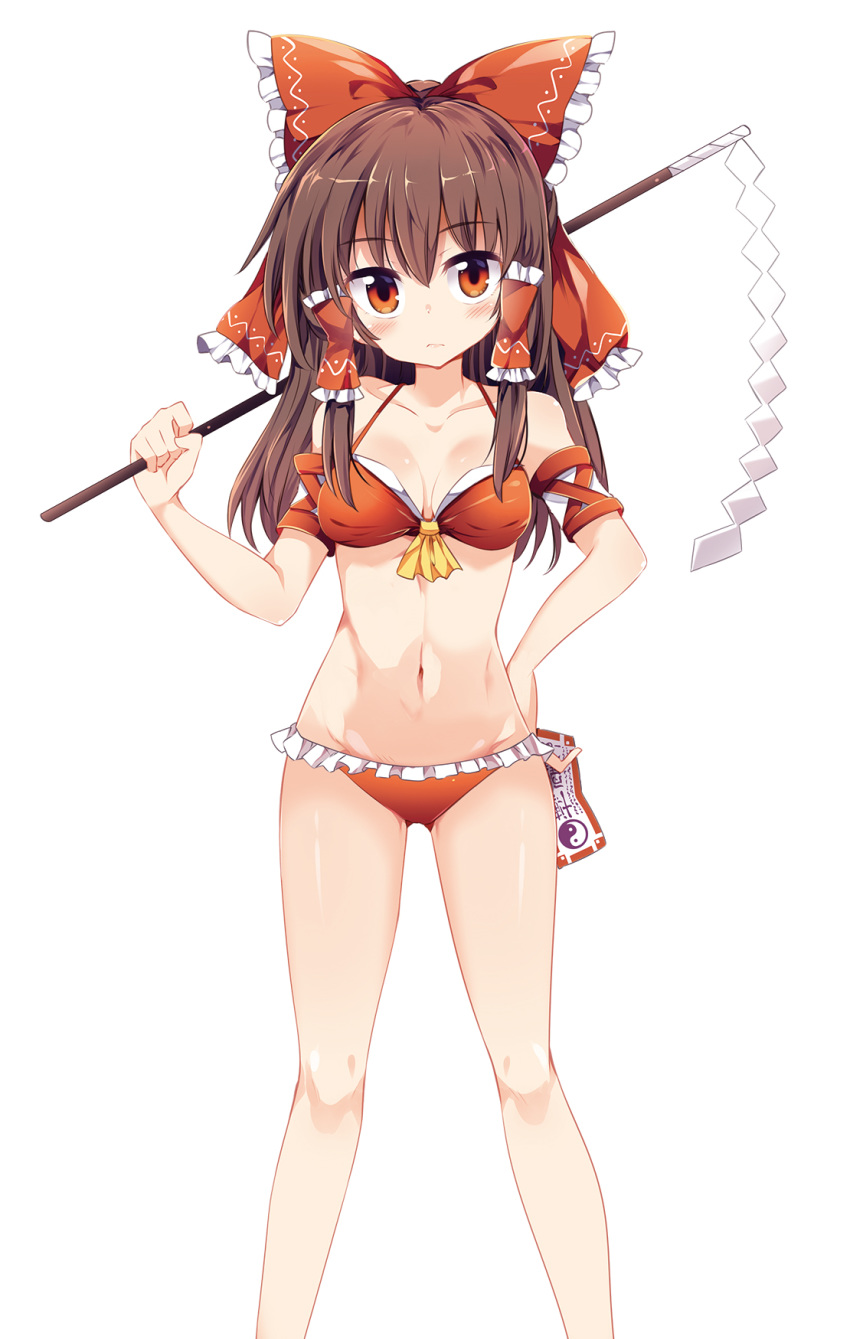 bangs bare_legs bikini blush bow breasts brown_hair cleavage closed_mouth eyebrows_visible_through_hair gohei hair_bow hair_tubes hakurei_reimu hand_on_hip highres large_bow long_hair looking_at_viewer maturiuta_sorato medium_breasts navel orange_eyes red_bikini red_bow shide sidelocks simple_background solo standing stomach swimsuit touhou white_background