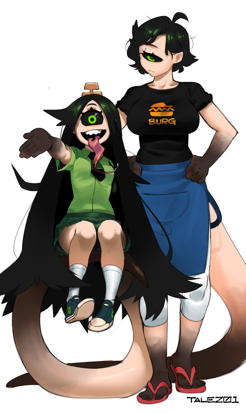 1_eye apron ata_(anaid) balancing_on_tail big_breasts big_eyes big_tail black_hair black_sclera breasts clothed clothing cyclops duo eyelashes female footwear fully_clothed green_eyes hair humanoid legwear light_skin long_hair long_tail long_tongue longtailclops looking_at_viewer madu_(anaid) monster_girl_(genre) multicolored_skin necktie noseless not_furry pale_skin pants sandals sharp_teeth shoes simple_background tailclops talez01 teeth tongue two_tone_skin upskirt white_background