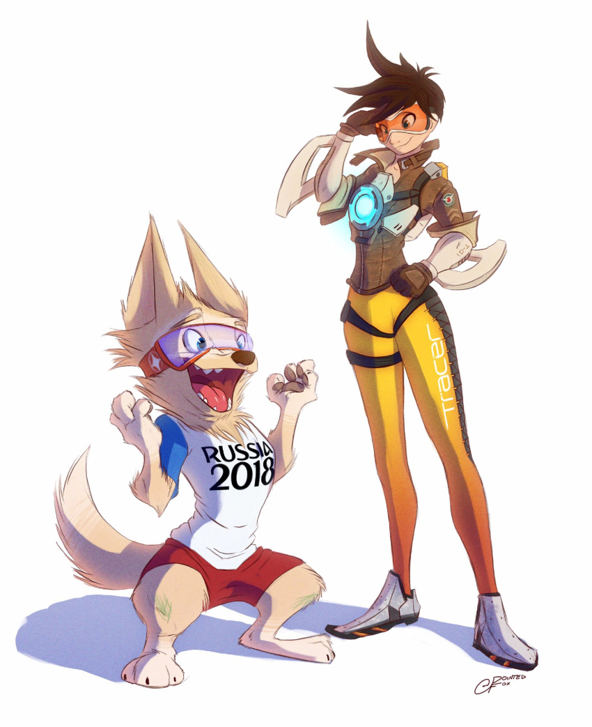 2016 :d anthro barefoot canine claws clothed clothing crossover cute duo english_text excited eyewear female fifa footwear fur goggles grainy hair hi_res human long_legs looking_down male mammal mascot open_mouth overwatch pawpads paws pointedfox sharp_teeth shirt shoes shorts signature size_difference slim smile spread_legs spreading standing suit teeth text toe_claws tongue tracer_(overwatch) video_games wolf zabivaka