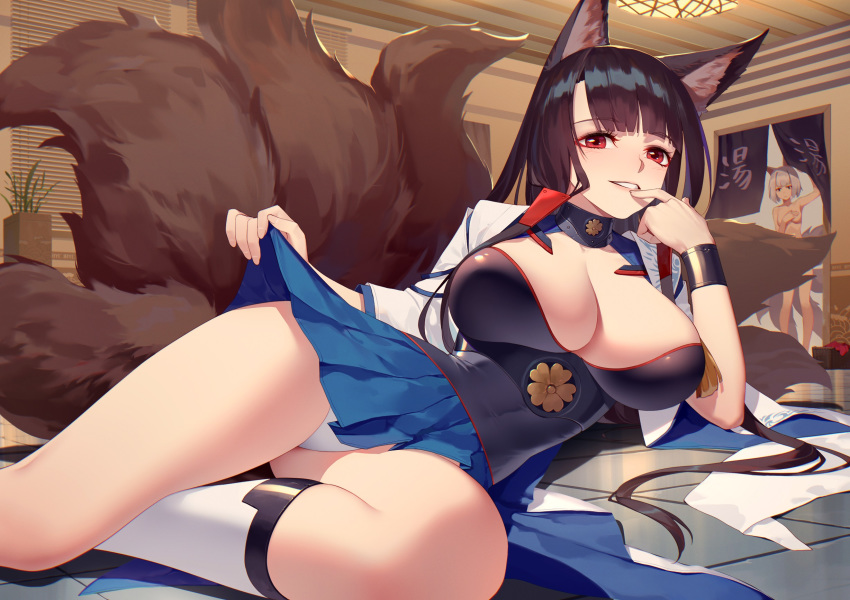akagi_(azur_lane) animal_ears arm_support azur_lane bangs blunt_bangs blush bracer breasts ceiling_light cleavage collar convenient_censoring corset cosplay daye_bie_qia_lian eyebrows_visible_through_hair finger_to_mouth fox_ears fox_tail highres indoors kaga_(azur_lane) kaga_(azur_lane)_(cosplay) kitsune kneehighs large_breasts long_hair long_sleeves looking_at_viewer lying miniskirt multiple_girls multiple_tails nude on_floor on_side panties pantyshot pantyshot_(lying) parted_lips plant pleated_skirt potted_plant red_eyes shiny shiny_hair short_hair silver_hair skirt skirt_hold solo_focus standing tail tassel tile_floor tiles underbust underwear upskirt very_long_hair walk-in white_legwear white_panties wide_sleeves