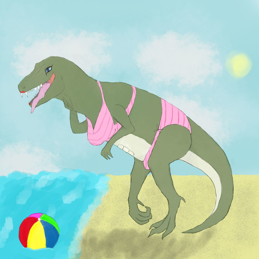 ball beach beach_ball bikini breasts busty_feral clothed clothed_feral clothing dinosaur eyelashes female feral hi_res lipstick makeup open_mouth outside pelvic_boot seaside sharp_teeth slit_pupils solo swimsuit teeth theropod tongue tongue_out tyrannosaurus_rex unknown_artist