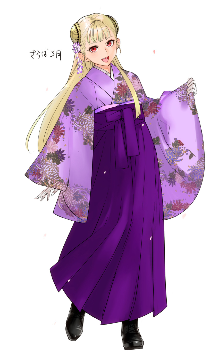 :d blonde_hair capcom_fighting_jam flower hair_flower hair_ornament highres ingrid japanese_clothes kimono long_hair looking_at_viewer open_mouth purple_kimono red_eyes simple_background sleeves_past_wrists smile solo teeth tetsu_(kimuchi) white_background