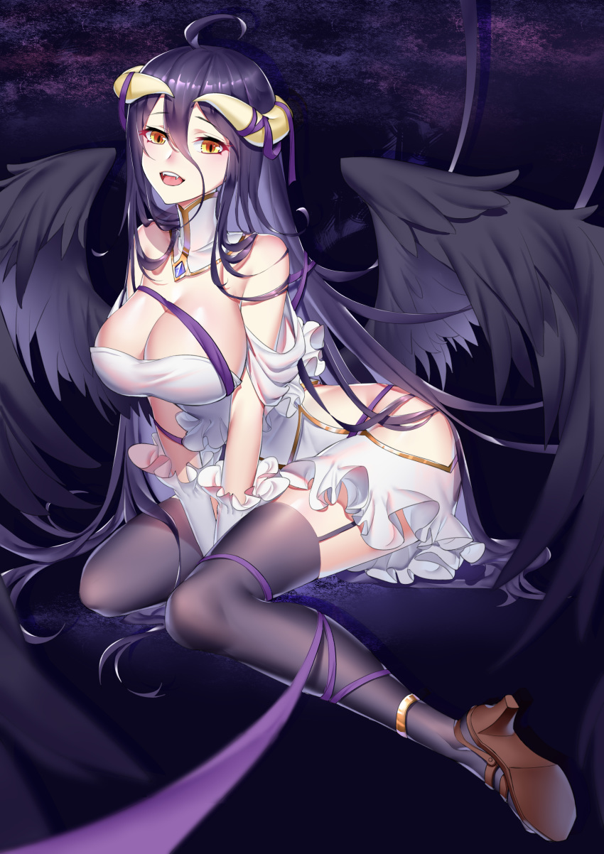 absurdres albedo anklet bare_shoulders between_legs black_hair black_wings boku_koyuki_mx breasts cleavage commentary_request demon_girl demon_horns demon_wings detached_collar dress fangs feathered_wings feathers frills garter_straps gloves hair_between_eyes hand_between_legs high_heels highres hip_vent horns jewelry large_breasts long_hair low_wings open_mouth overlord_(maruyama) sitting skirt slit_pupils solo strap strapless strapless_dress thighhighs tongue white_dress white_gloves wings yellow_eyes