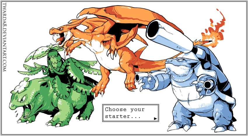 border charizard claws commentary creature dragon english fangs fiery_tail fire flower flying from_side grey_border mega_blastoise mega_charizard_y mega_venusaur multiple_monochrome no_humans pokemon pokemon_(creature) profile tail tongue tree twarda8 venusaur watermark web_address