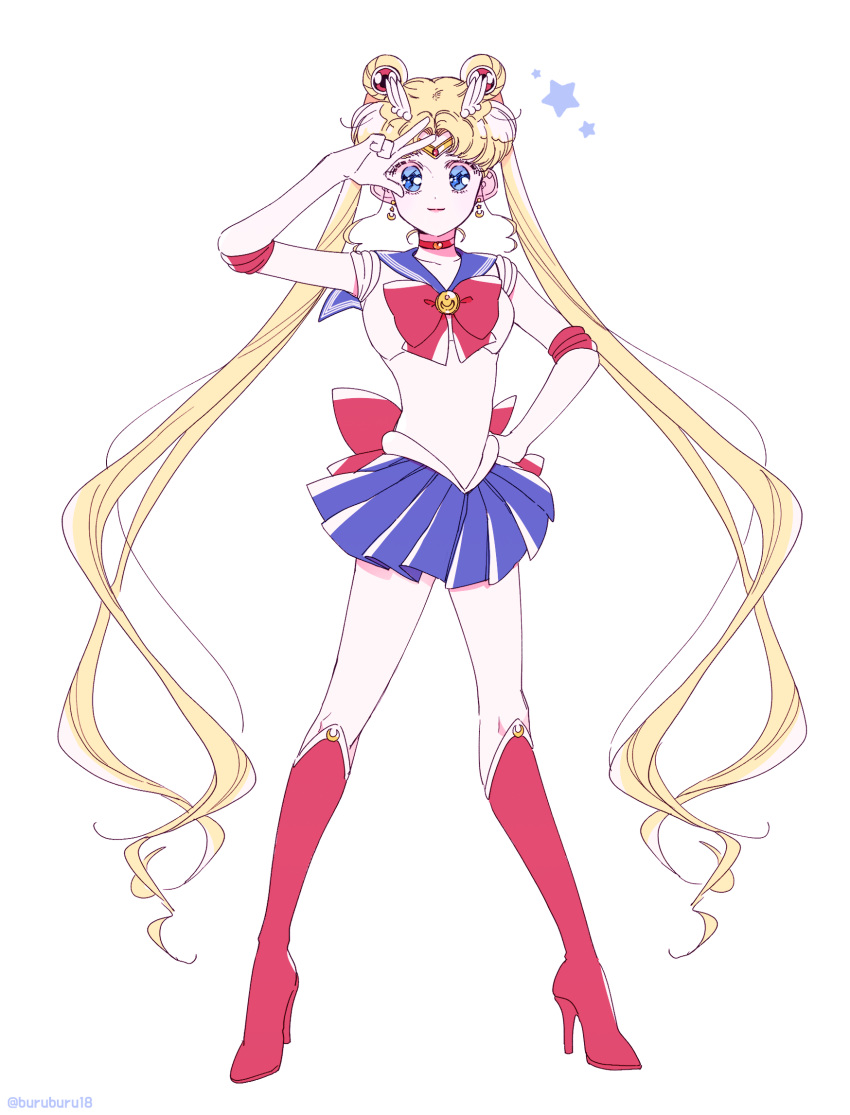 bangs bishoujo_senshi_sailor_moon blue_eyes blue_skirt boots bow brooch buruburu18 choker closed_mouth double_bun elbow_gloves full_body gloves hair_ornament hairclip high_heel_boots high_heels highres jewelry knee_boots long_hair parted_bangs pleated_skirt red_bow red_choker red_footwear sailor_moon sailor_senshi_uniform skirt solo standing star tsukino_usagi twintails v very_long_hair white_background white_gloves