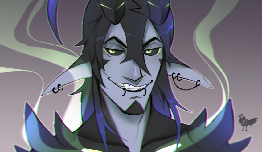 besseb black_hair black_sclera chain demon ear_piercing facial_hair glow_marks green_eyes grey_skin grin hair horn humanoid invalid_tag long_hair looking_at_viewer magic male piercing raptorvonsqueaker smile smoke solo teeth