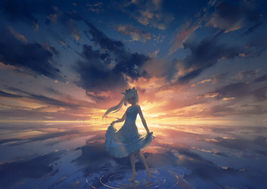 animal_ears azur_lane bad_id bad_pixiv_id bare_arms bare_shoulders barefoot black_bow bow cat_ears closed_eyes closed_mouth cloud cloudy_sky commentary_request dress facing_viewer hair_bow head_tilt highres long_hair outdoors ponytail rias-coast ripples skirt_hold sky sleeveless sleeveless_dress smile solo sunset very_long_hair water white_dress yukikaze_(azur_lane)